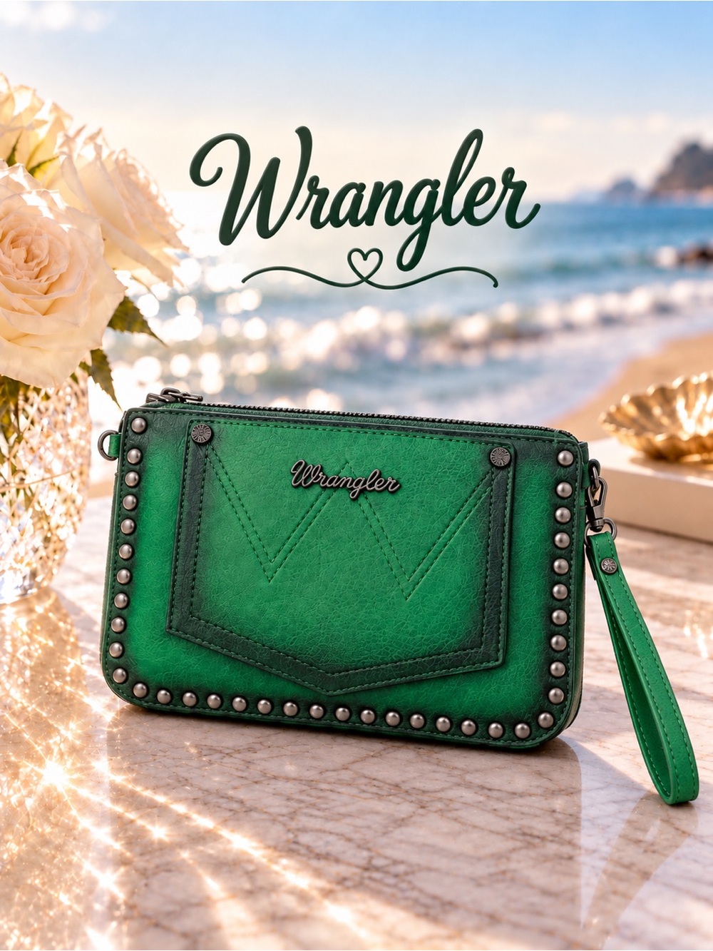 Wrangler Vibrant Green Studded Crossbody Bag/Wristlet